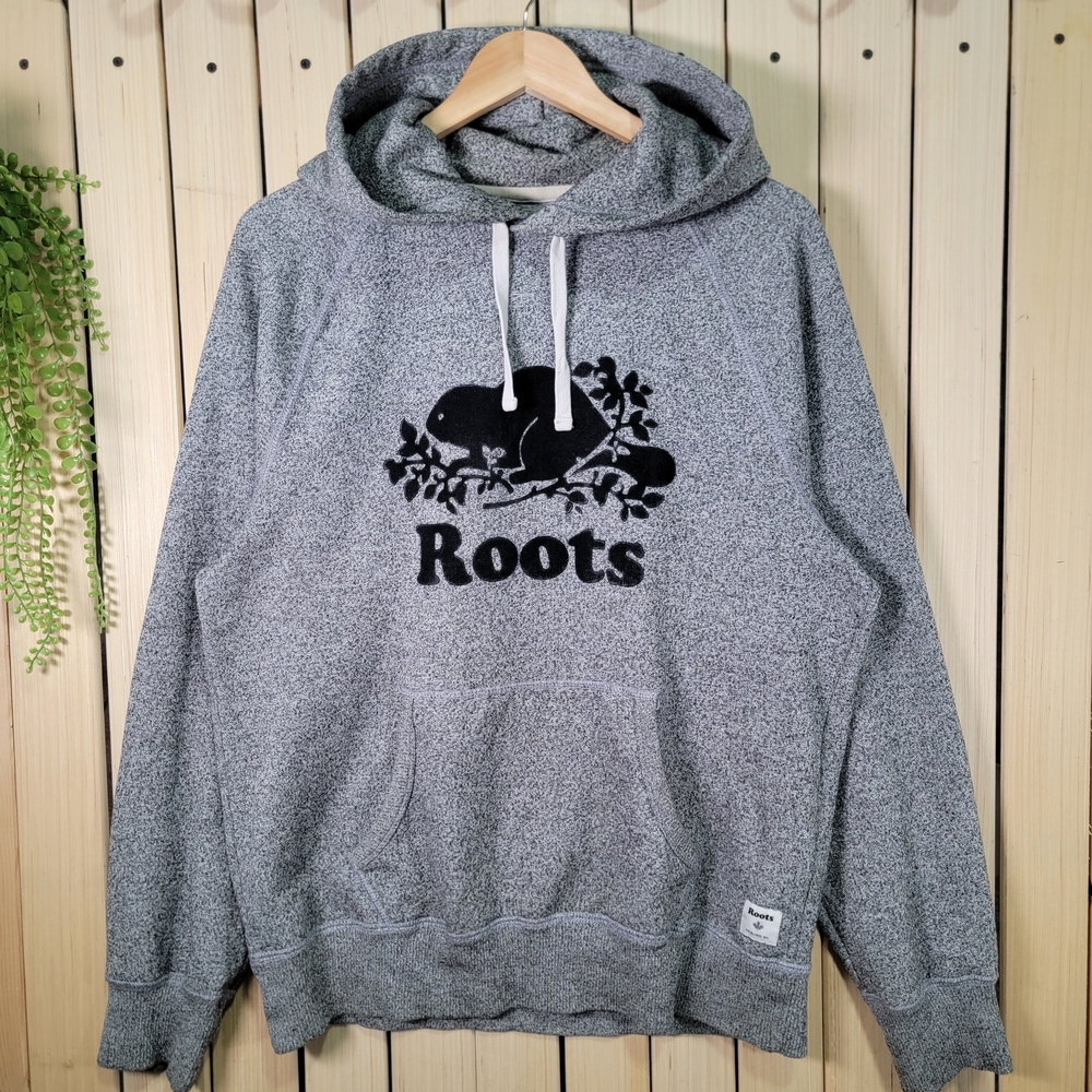 Roots Hoodie. Men's Gray Pullover Hoodie with Black Logo